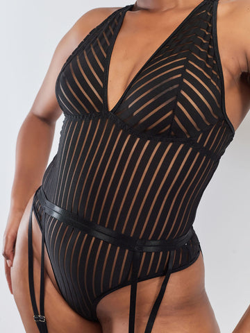 Boudoir Striped Bodysuit With Garter Belt